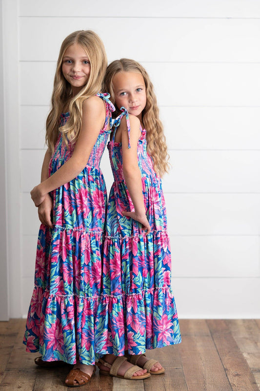 Maxi Dress: Girls Hot Pink Hawaiian Tropical Tiered