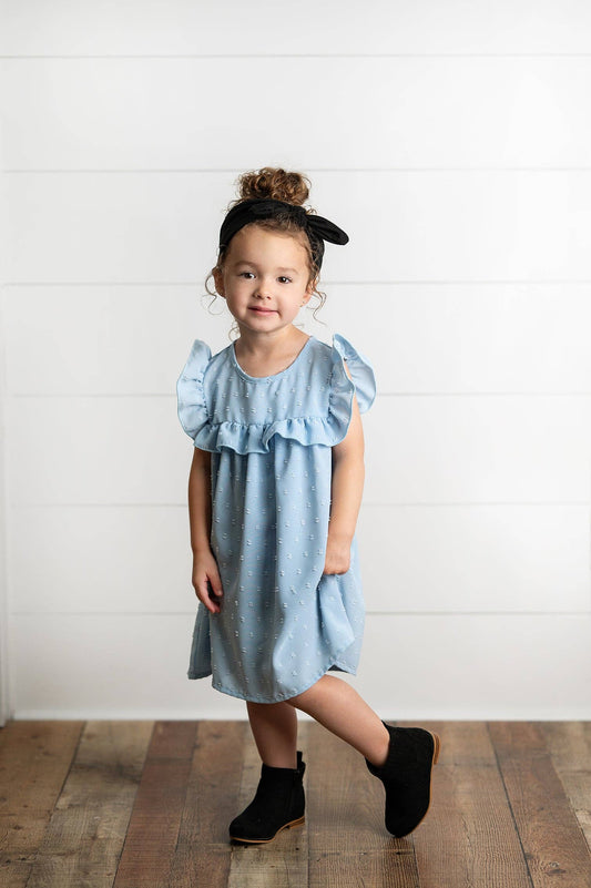 Dress: Girls Dusty Blue Ruffle Bib Swiss Dot Spring Summer Dress