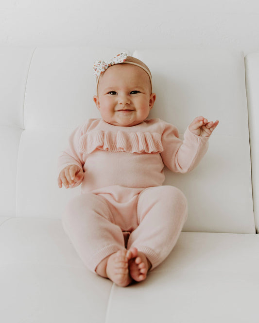 Milan Pastel Ruffle Sweater Knit Baby Jumpsuit Organic Cotton: Blush