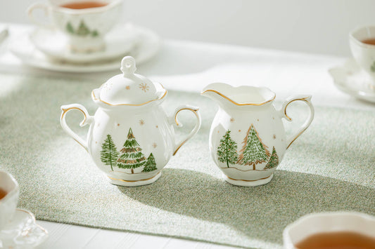 Christmas Pine Trees Fine Porcelain Sugar and Creamer Set