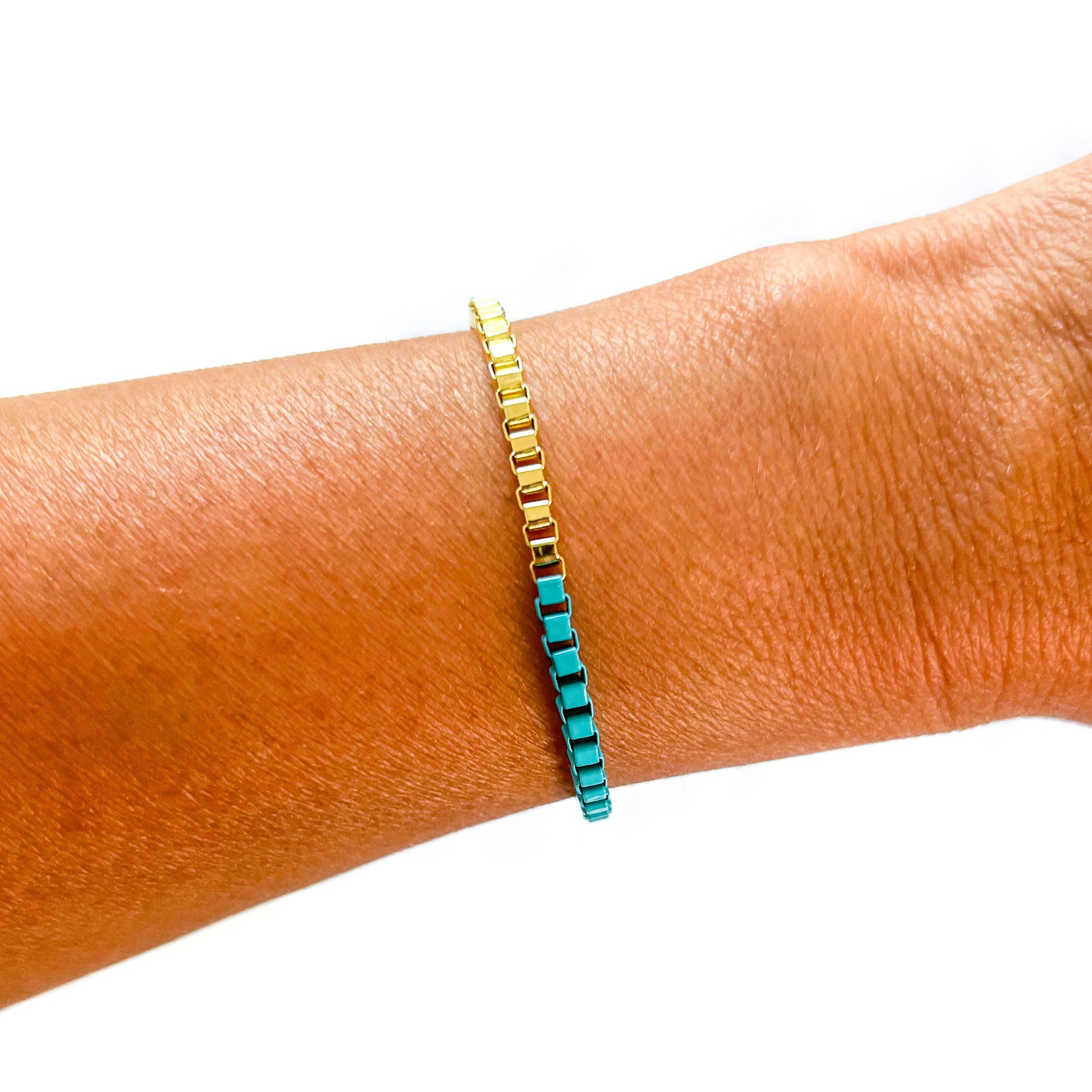 Bracelet: Colored Enamel Box Chain  - 18K Gold