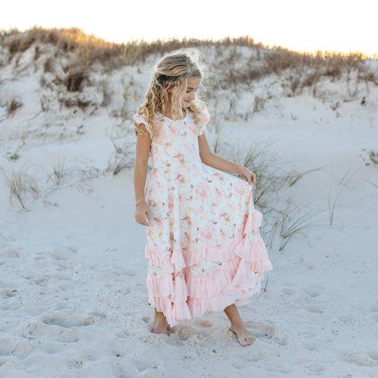 Dress: Girls Blush Floral Flutter Sleeve Ruffles Spring Dress