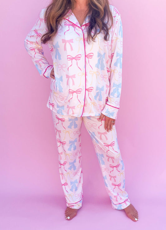 Pink Pastel Bows Long Sleeve Loungewear Pajama Set