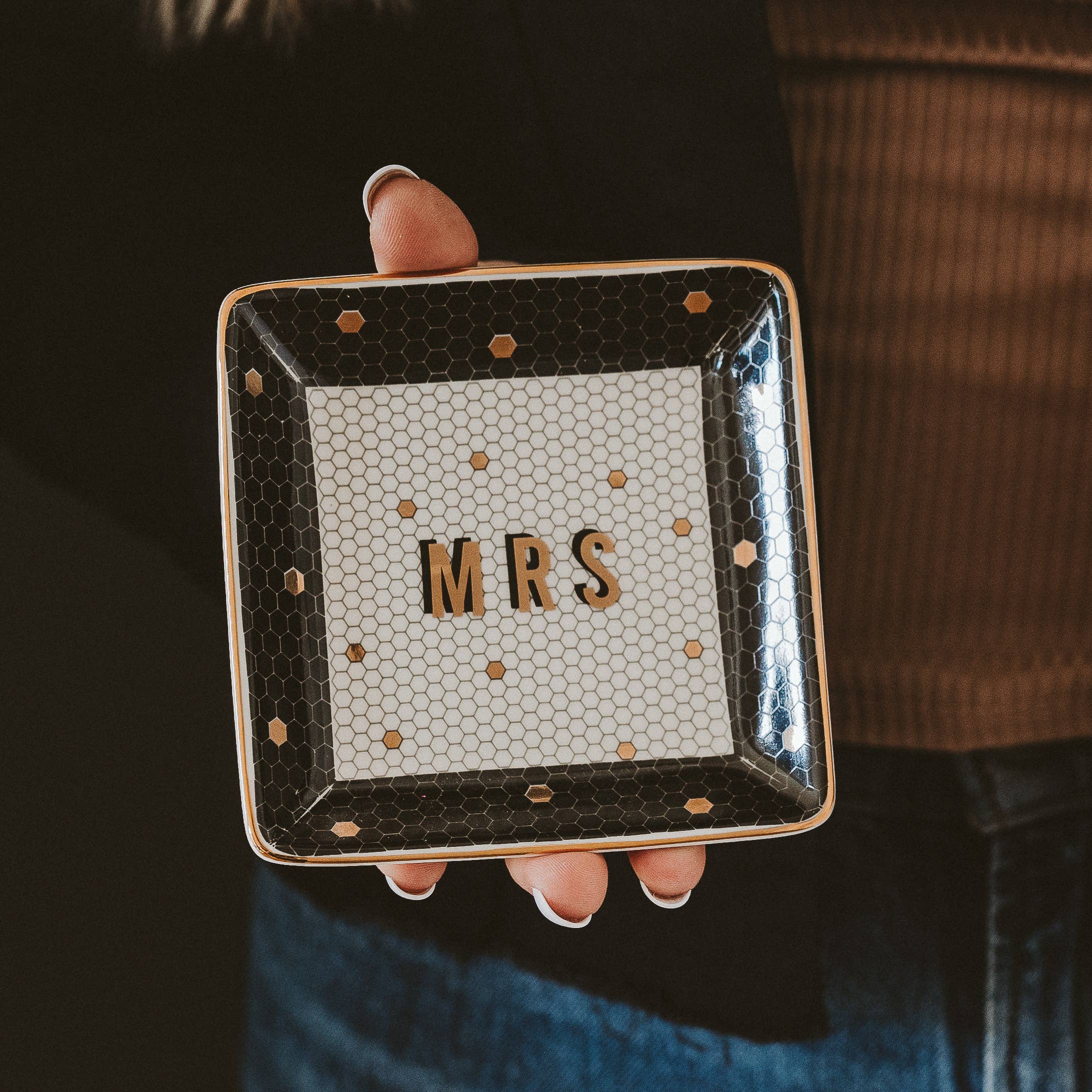 Bride: Mrs. Jewelry Dish (Black, White, Gold Honeycomb)