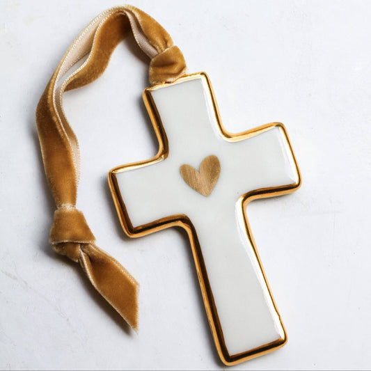Cross Ornament with 22K Gold Heart | Handmade