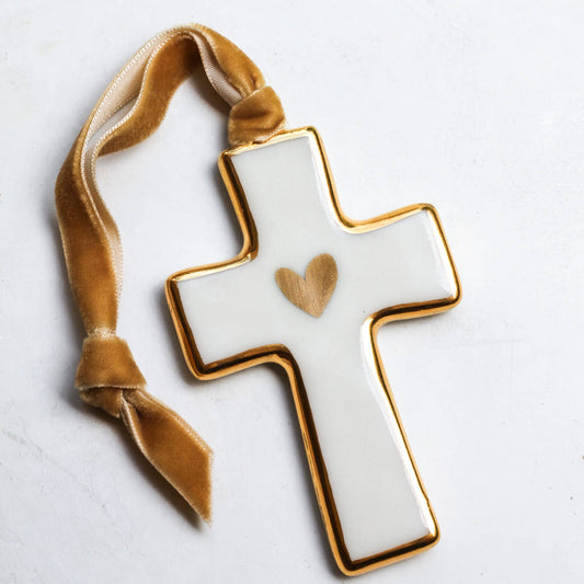 Cross Ornament with 22K Gold Heart | Handmade