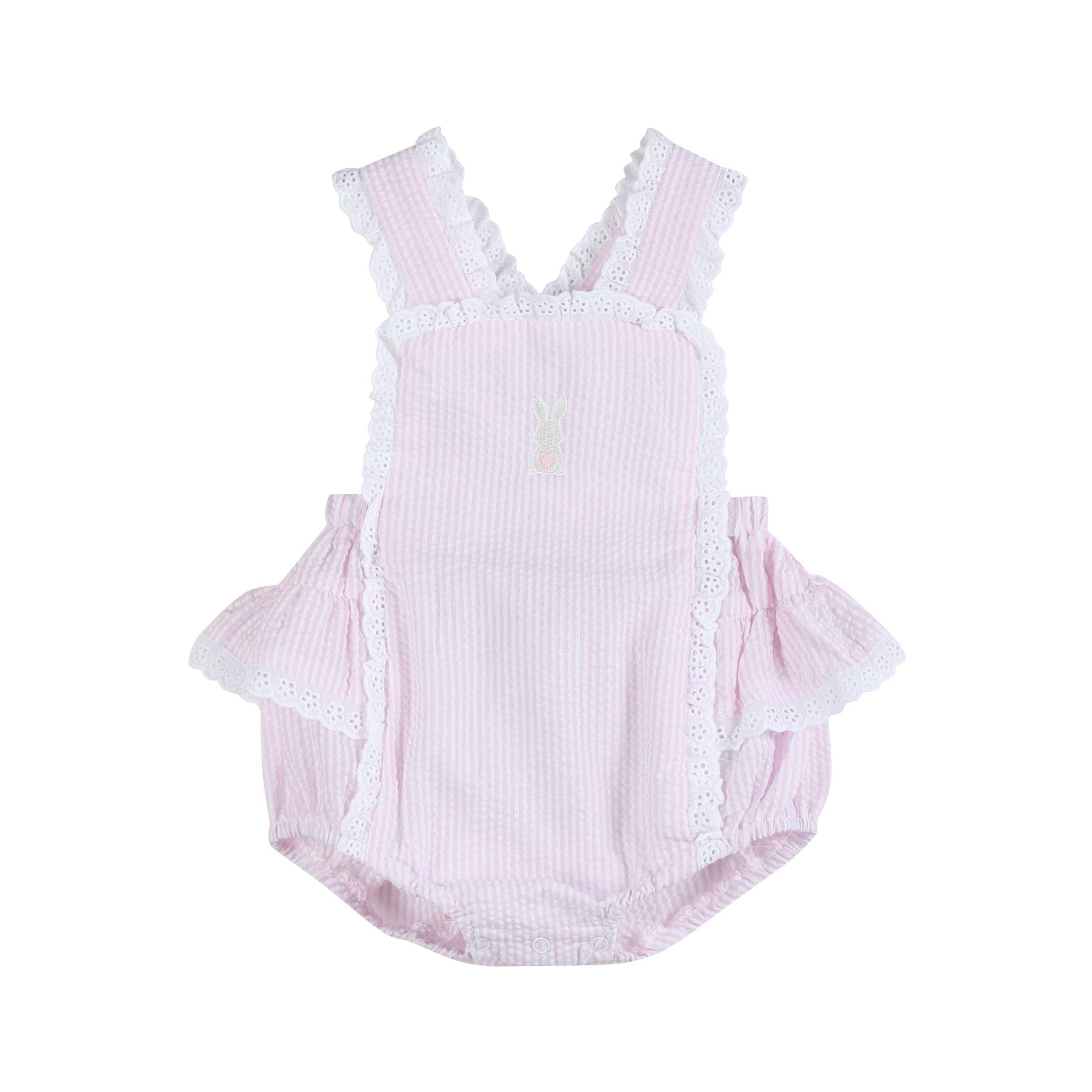 Romper: Pink Seersucker Easter Bunny Ruffle Romper