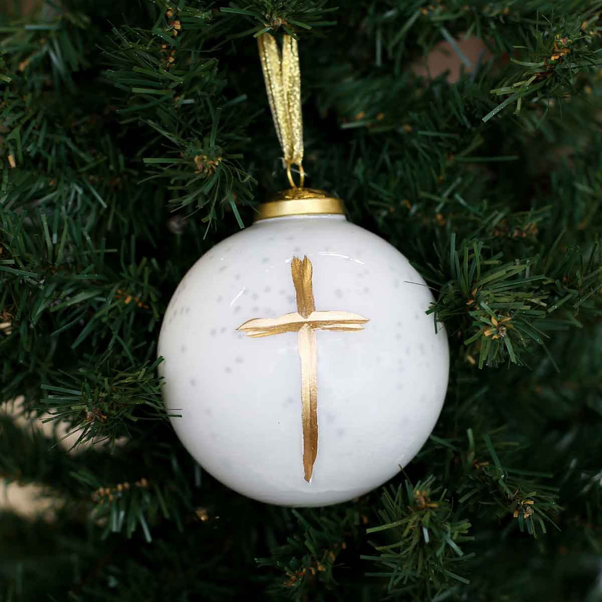 Ornament: Christmas Cross Glass Ball Ornament  - White/Gold