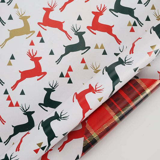 Gift Wrap: 24" x 16' Reversible Holiday | Prancing Deer/Plaid