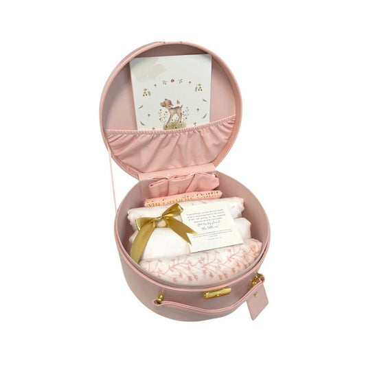 Newborn Keepsake Box Bundle, Premium Pu Leather, Vegan, Storage (Pink) with Keepsake Pouches, In the Meadow Swaddle Set, Milestone Cards