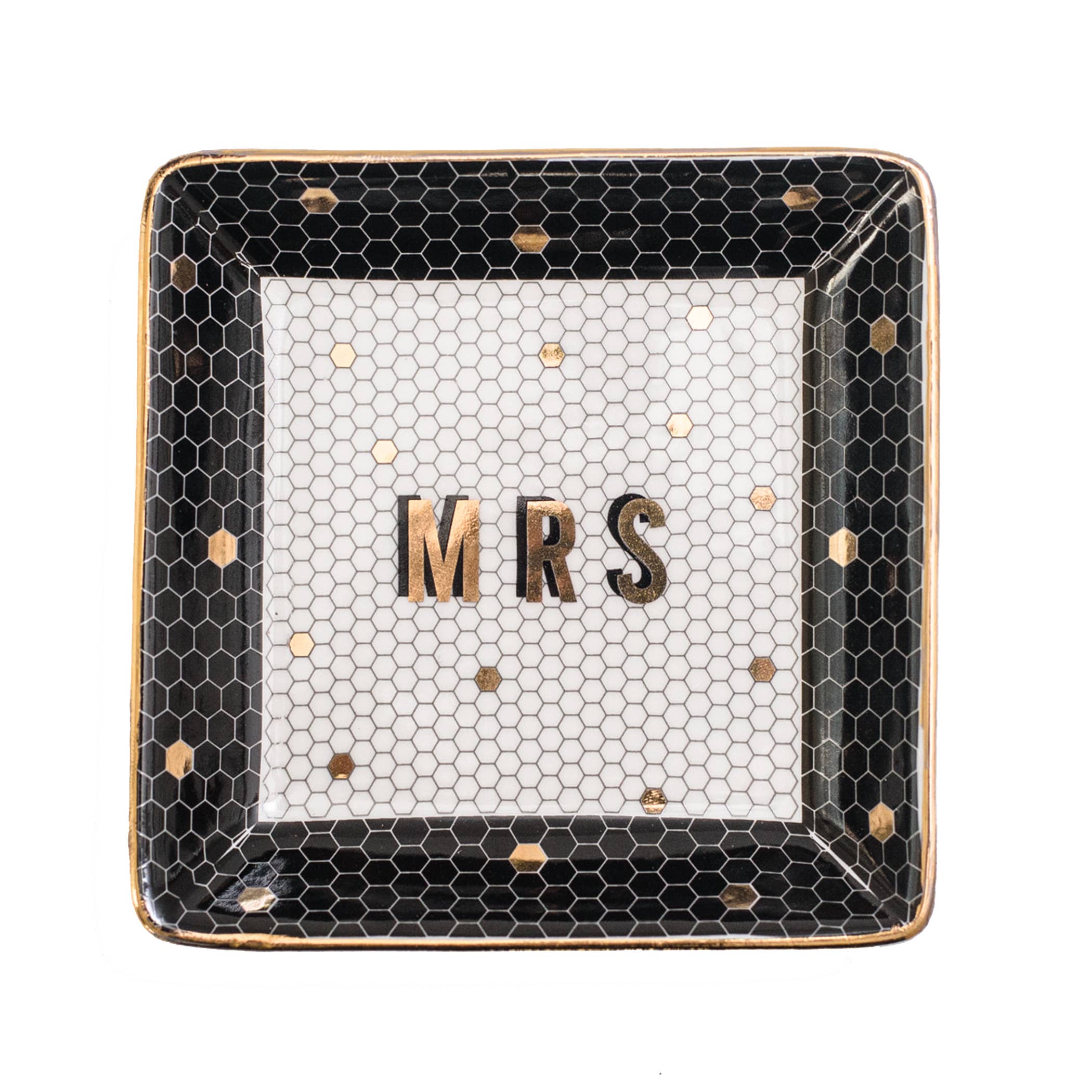 Bride: Mrs. Jewelry Dish (Black, White, Gold Honeycomb)