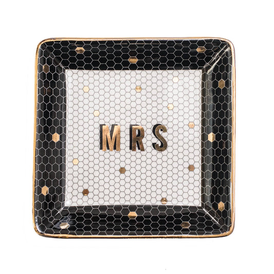 Bride: Mrs. Jewelry Dish (Black, White, Gold Honeycomb)
