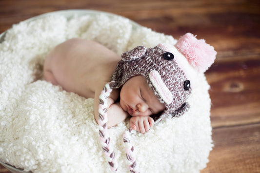 Heirloom Crocheted Baby Hat: Baby Pink Sock Monkey