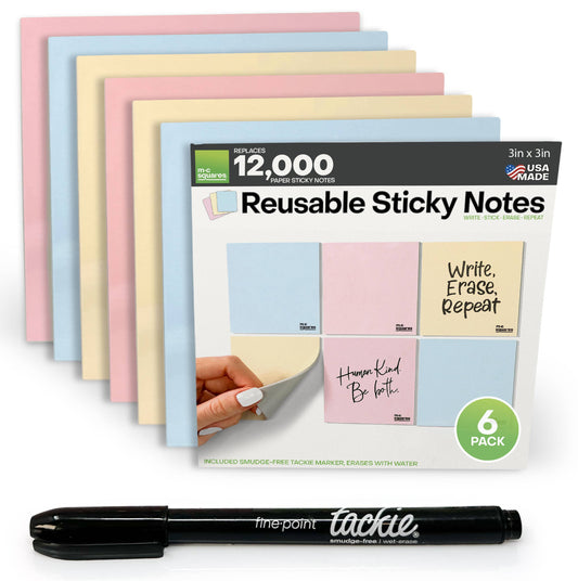 M.C. Squares Reusable Sticky Notes | 3x3 Color Variety Pack (6-Pack)