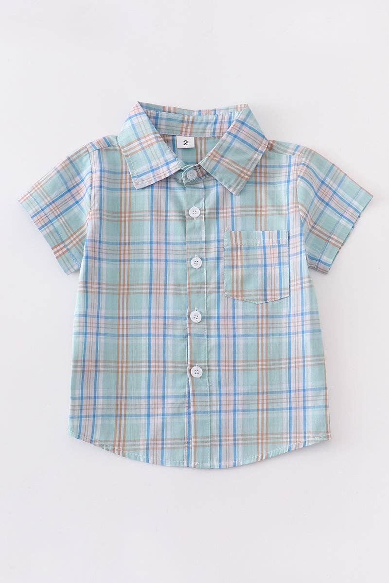 Boy Collared Shirt: Turquoise Plaid