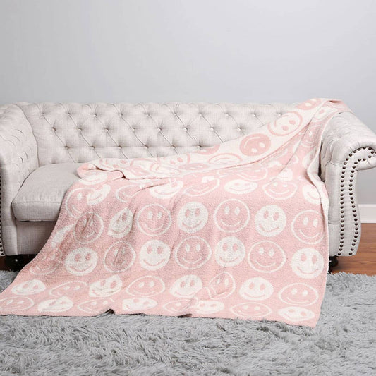 Happy Face Patterned Throw Blanket: ONE SIZE / PINK