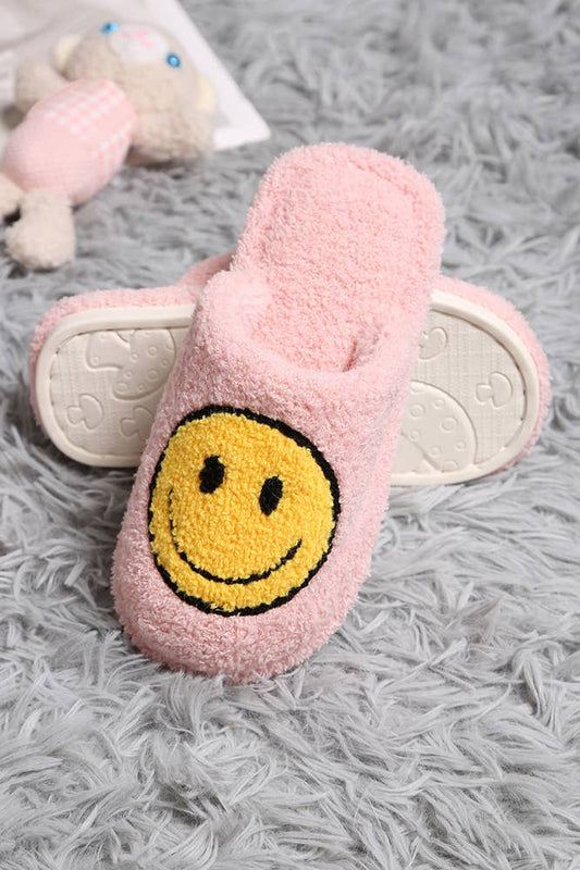 Slippers: Children's Happy Face Embroidered: Pink (Girls 3-4)