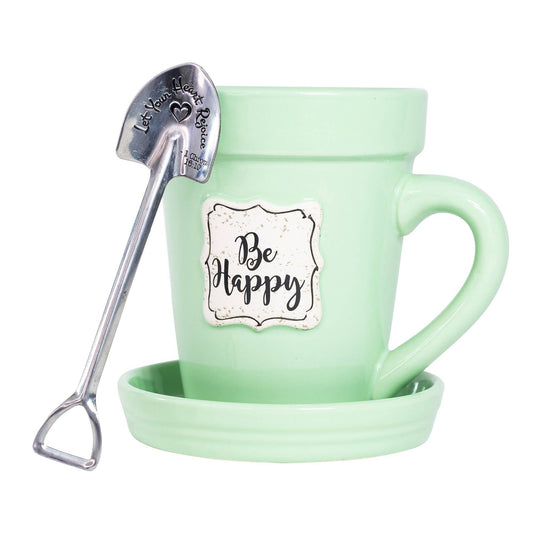 Green Flower Pot Mug w/Scripture: Be Happy