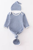 Load image into Gallery viewer, Baby Gown: Blue Stripe (2 PC Newborn Cotton Set)
