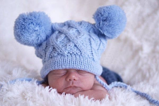 Heirloom Crocheted Baby Hat: Baby Blue Cable Pom Pom Crochet