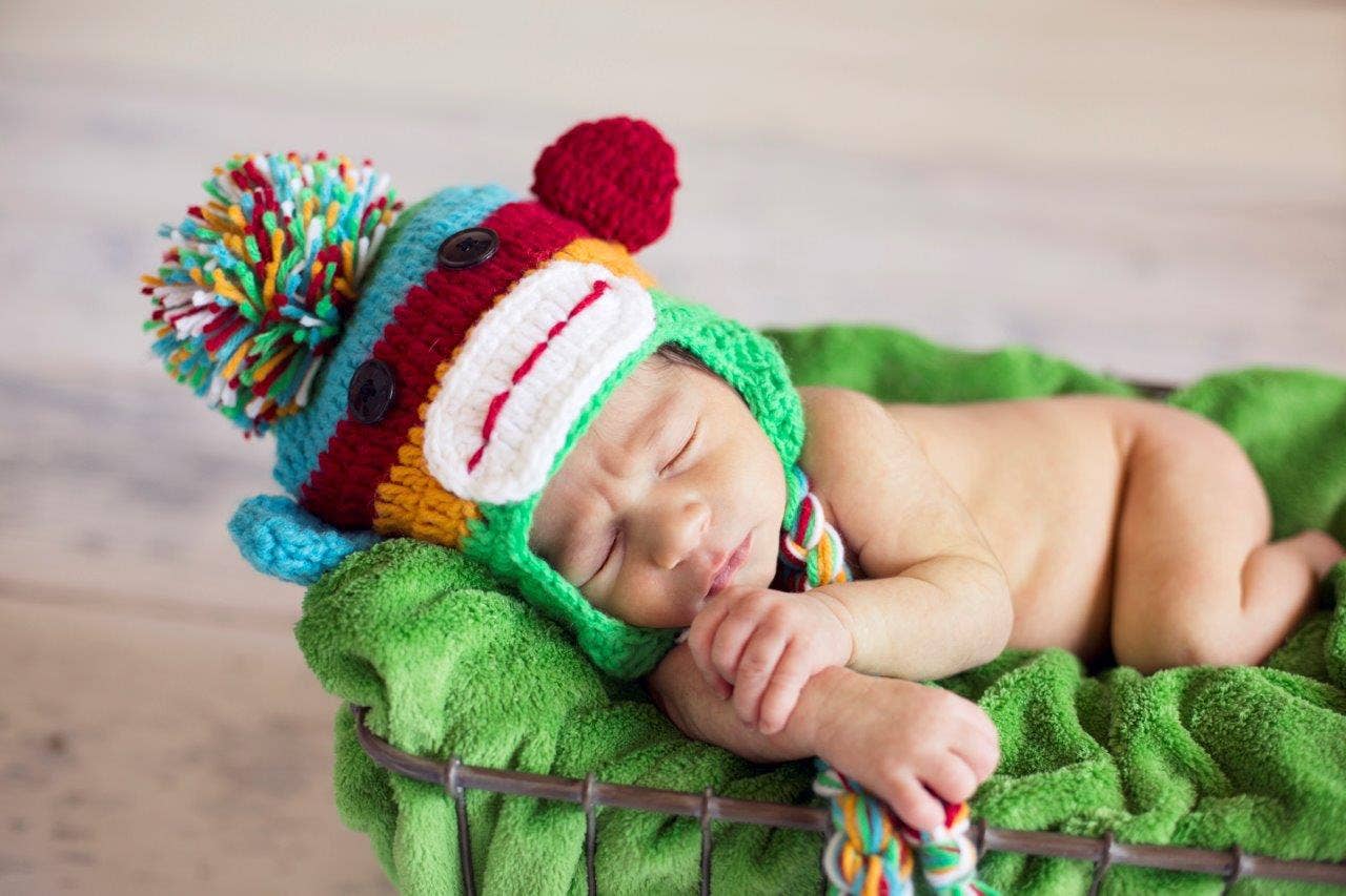 Heirloom Crocheted Baby Hat: Bright Colors Sock Monkey